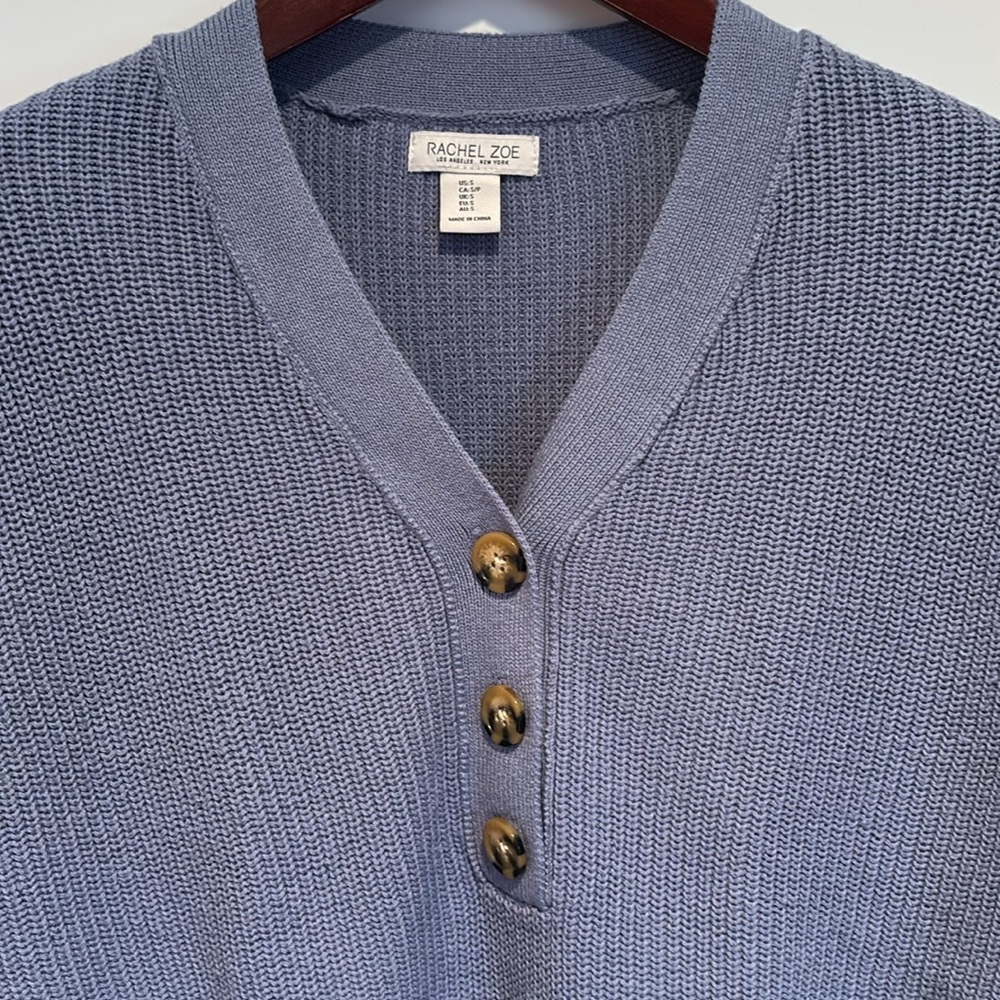 Rachel Zoe V neck pullover Henley sweater in light cornflower blue w/ buttons - Picture 2 of 15